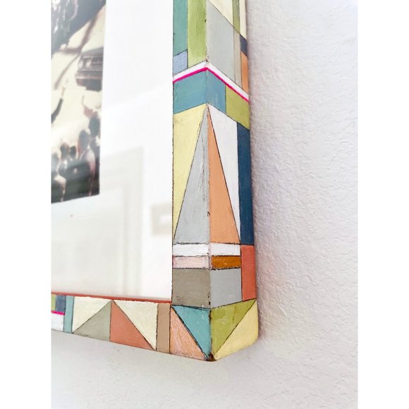 Hand Painted Chalk Paint Pastel Multi Color Geometric Pattern Wood Frame 12x15 - Picture 7 of 8